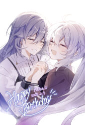 2girls absurdres birthday character_name closed_eyes collared_shirt commentary_request dated facing_viewer fu_hua grey_hair grey_jacket happy_birthday highres holding_hands honkai_(series) honkai_impact_3rd interlocked_fingers jacket kiana_kaslana long_hair multiple_girls open_mouth ponytail rino_ebe shirt smile white_hair white_shirt