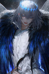 Rule 34 | 1boy, arthropod boy, au (d elete), blue eyes, cape, closed mouth, commentary, crown, diamond hairband, english commentary, fate/grand order, fate (series), fingernails, fur-trimmed cape, fur trim, grey hair, hand on own hip, high collar, highres, insect wings, lips, male focus, medium hair, oberon (fate), oberon (third ascension) (fate), shirt, signature, solo, spoilers, standing, twitter username, upper body, white shirt, wings