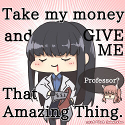 2girls animal_ears artist_name black_gloves black_hair black_pantyhose black_skirt blood blood_from_mouth blue_shirt blush closed_mouth collared_shirt commentary_request cropped_head dated deformed english_text feet_out_of_frame female_professor_(neural_cloud) girls&#039;_frontline girls&#039;_frontline_neural_cloud gloves hair_between_eyes holding holding_money holding_wallet johnjohn_(johnjohn_1028) lab_coat lanyard long_hair long_sleeves money multiple_girls open_mouth pantyhose persicaria_(neural_cloud) pink_hair professor_(neural_cloud) shirt skirt smile speech_bubble wallet