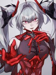 1girl black_bodysuit bodysuit cross-shaped_pupils elbow_gloves gloves grey_hair hair_between_eyes hair_intakes headgear highres long_hair luna:_oblivion_(pgr) luna_(pgr) parted_lips punishing:_gray_raven red_bodysuit red_eyes sidelocks signature symbol-shaped_pupils takamatu_hajime twintails very_long_hair white_hair