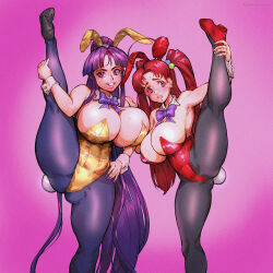 2girls animal_ears armpits asymmetrical_docking blush bow bowtie breast_press breasts cleavage commission eiken fake_animal_ears forehead gluteal_fold gold_leotard hair_between_eyes hand_on_another&#039;s_shoulder high_heels highres huge_breasts keigi large_breasts leg_up leotard long_hair misono_kirika multiple_girls pantyhose playboy_bunny ponytail purple_eyes purple_hair rabbit_ears rabbit_tail red_eyes red_hair red_leotard shinonome_chiharu simple_background smile split standing standing_on_one_leg standing_split sweat tail thick_thighs thighs twintails very_long_hair worried wrist_cuffs yellow_leotard