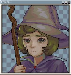 1girl berserk checkered_background cloak closed_mouth gipost green_eyes green_hair hat highres holding holding_staff looking_at_viewer mage_staff pixel_art purple_cloak purple_hat schierke_(berserk) solo staff window_(computing) witch_hat