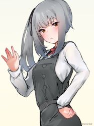 Rule 34 | 1girl, black ribbon, brown eyes, collared shirt, dress, dress shirt, grey dress, grey hair, hair ribbon, hand on own hip, kantai collection, kasumi (kancolle), kasumi kai ni (kancolle), long sleeves, looking at viewer, mani oniniku, neck ribbon, pinafore dress, red ribbon, ribbon, shirt, side ponytail, simple background, sleeveless, sleeveless dress, solo, upper body, waving, white background, white shirt