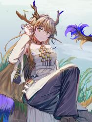 1girl absurdres arknights bare_shoulders bead_necklace beads black_pants blonde_hair blush brooch closed_mouth collarbone dragon_girl dragon_horns dragon_tail eastern_dragon_horns eastern_dragon_tail green_eyes hao_tongxue highres horns jewelry long_hair long_sleeves necklace pants pointy_ears shu_(arknights) sitting solo strapless tail tube_top white_tube_top