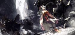 1girl absurdres artist_name asymmetrical_bangs bare_shoulders boots breasts cape detached_sleeves dress expressionless final_fantasy final_fantasy_vi green_hair grey_eyes hair_ribbon high_heel_boots high_heels highres holding holding_sword holding_weapon koromoya long_hair magitek_armor outdoors pantyhose parted_bangs perspective ponytail red_dress red_ribbon red_sleeves ribbon sash signature small_breasts snowing strapless strapless_dress sword tina_branford town tube_dress waist_sash weapon white_pantyhose yellow_cape