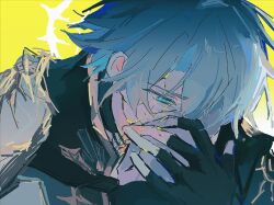 Rule 34 | 1boy, aqua eyes, black choker, black gloves, blue hair, choker, close-up, coat, collared coat, cracked skin, fingerless gloves, from side, gloves, hair between eyes, hands on own face, high collar, highres, honkai: star rail, honkai (series), leaning forward, looking down, own hands together, phainon (honkai: star rail), qingyu1716, shade, short hair, solo, upper body, wavy hair, yellow background, yellow blood, yellow pupils