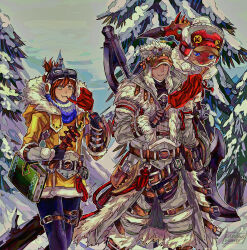 Rule 34 | 1boy, 1girl, 1other, absurdres, animal, animal on shoulder, belt, black gloves, blue eyes, boned meat, book, brown eyes, brown hair, canowikakte, coat, eating, felyne, folded ponytail, food, food in mouth, fur trim, gloves, goggles, goggles on head, handler (monster hunter world), hat, highres, meat, monster hunter: world, monster hunter (character), monster hunter (series), monster hunter world: iceborne, signature, snow, tree, weapon, weapon on back, white coat, white hat, winter clothes, winter coat, yellow coat