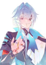 Rule 34 | 1boy, anaxa (honkai: star rail), aqua hair, black jacket, blood, blood from mouth, blue eyes, grin, half-closed eyes, hand up, highres, honkai: star rail, honkai (series), jacket, lapels, looking at viewer, male focus, mandarin collar, medium hair, notched lapels, pink pupils, red tattoo, shiita34, side ponytail, simple background, smile, solo, teeth, white background, yellow blood