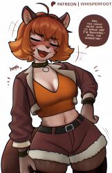 1girl ahoge animal_ears breasts brown_shorts cleavage closed_mouth collar crop_top english_text fang fur-trimmed_shorts fur_trim furry furry_female hand_on_own_hip highres marvel marvel_rivals midriff navel open_mouth orange_tank_top short_hair short_shorts shorts simple_background smug solo speech_bubble squirrel_ears squirrel_girl squirrel_girl_(marvel) squirrel_tail tail tank_top whisperfoot white_background