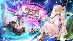 Rule 34 | 3girls, absurdres, aerial fireworks, azur lane, banana, black horns, breasts, brown hair, can, cleavage, copyright name, curled horns, dress, eyewear on head, fireworks, food, formidable (anniversary memories) (azur lane), formidable (azur lane), friedrich carl (azur lane), friedrich carl (tender summer care) (azur lane), fruit, grapes, high heels, highres, horns, huge breasts, inflatable toy, looking at viewer, lying, manjuu (azur lane), multicolored hair, multiple girls, night, night sky, official alternate costume, official art, on stomach, orange eyes, pool, poolside, purple hair, shoes, sky, split-color hair, stage, stage lights, star (sky), starry sky, sunglasses, twintails, water, white dress, white hair, white shoes, ying swei (azur lane), ying swei (blue waves limpid summer) (azur lane)