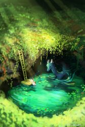 1girl cave dress faceless flower ladder landscape light_rays lily_pad looking_at_animal lotus nature original outdoors overgrown painterly partially_submerged plant reflection reflective_water ripples scenery sea_dragon sitting size_difference sunlight vines white_dress zandra
