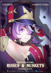 1girl adjusting_clothes adjusting_headwear arm_behind_head arm_up armpits artist_name bare_shoulders border breasts bright_pupils bullet_hole character_name chevreuse_(genshin_impact) closed_mouth commentary detached_sleeves dress earmuffs earmuffs_around_neck english_commentary english_text genshin_impact gloves gold_trim hand_on_headwear hat highres long_hair looking_at_viewer medium_breasts mole mole_under_mouth multicolored_hair presenting_armpit puffy_detached_sleeves puffy_sleeves purple_eyes purple_hair red_dress shako_cap sideboob smoke solo songjo streaked_hair twitter_username two-tone_dress two-tone_hair upper_body very_long_hair vignetting white_gloves white_hair white_pupils