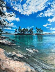 blue_sky cloud commentary day english_commentary highres kate_avery maine no_humans ocean oil_painting_(medium) original outdoors painting_(medium) real_world_location scenery sky traditional_media tree water