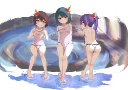 3girls absurdres aihara_tsubaki ass bare_shoulders barefoot bikini black_hair blue_eyes blue_hair blush breasts brown_hair closed_mouth collarbone flower hair_flower hair_ornament highres long_hair looking_at_viewer multiple_girls one-piece_swimsuit ongeki purple_eyes red_flower shirose_08s short_hair smile standing swimsuit takase_rio thighs twintails very_long_hair wading water yuuki_riku