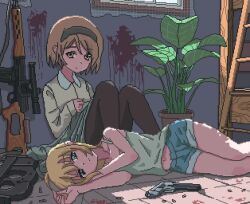 2girls animated black_hairband black_pantyhose blinking blonde_hair blood blood_on_ground blood_on_wall blue_shorts camisole fern gun gunslinger_girl hairband handgun henrietta_(gunslinger_girl) indoors ladder lying multiple_girls navel on_floor on_side ooo_(d4frdm) pantyhose pixel_art plant potted_plant rico_(gunslinger_girl) rifle scope shell_casing short_shorts shorts sitting video weapon window