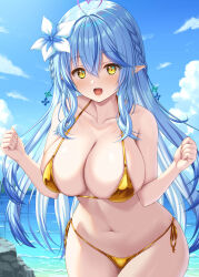 1girl absurdres ahoge bikini blue_hair blue_sky braid breasts cleavage cloud collarbone commentary day flower gold_bikini golden_week golden_week_bikini hair_between_eyes hair_flower hair_ornament heart heart_ahoge highres hololive large_breasts long_hair navel ocean open_mouth outdoors pointy_ears side-tie_bikini_bottom sidelocks sky smile solo swimsuit uehiro very_long_hair yellow_eyes yukihana_lamy