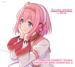 1girl aqua_eyes blush breasts closed_mouth commentary_request copyright_name hands_on_own_cheeks hands_on_own_face hands_up headphones highres official_art pink_hair princess_connect! puffy_sleeves shirt short_hair sidelocks simple_background smile solo white_background white_shirt yui_(princess_connect!)