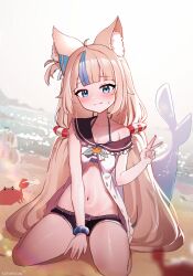 1girl animal_ear_fluff animal_ears black_shorts blonde_hair blue_eyes blue_hair cat_ears cat_girl dress fins fish_tail full_body highres indie_virtual_youtuber kneeling kotodekun long_hair multicolored_hair navel open_clothes open_dress sameko_saba shark_girl shark_tail short_shorts shorts single_bare_shoulder single_off_shoulder solo streaked_hair tail v very_long_hair virtual_youtuber white_dress