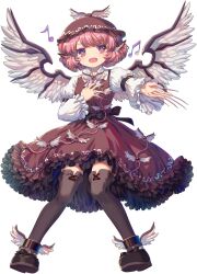 1girl animal_ears bird_ears bird_wings black_footwear black_ribbon black_thighhighs brown_dress brown_eyes brown_hat collared_shirt dress earrings fingernails frilled_dress frilled_skirt frilled_sleeves frills game_cg hat highres jewelry kumio long_fingernails long_sleeves mob_cap musical_note mystia_lorelei nail_polish non-web_source pink_hair pink_nails puffy_long_sleeves puffy_sleeves ribbon shirt short_hair skirt tachi-e thighhighs touhou touhou_blooming_chaos white_shirt white_wings winged_footwear winged_hat wings zettai_ryouiki