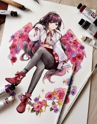 1girl art_tools_in_frame black_hair black_pantyhose boots breasts commentary crossed_legs flower full_body hand_up high_heel_boots high_heels highres invisible_chair long_hair looking_at_viewer medium_breasts midriff miniskirt neck_ribbon original painting_(medium) pantyhose parted_lips pink_eyes pink_wings purple_flower purple_rose red_flower red_ribbon red_rose red_shoes red_skirt ribbon rose shirt shoes side_part sitting skirt sleeve_ribbon sleeves_past_wrists solo symbol-only_commentary tiara traditional_media very_long_hair watercolor_(medium) white_shirt wings yuyuharu_1027