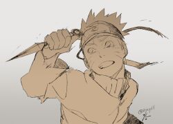 1boy forehead_protector grey_background highres holding holding_kunai holding_weapon jacket konohagakure_symbol kunai long_sleeves male_focus naruto_(classic) naruto_(series) ninja reverse_grip solo unfinished upper_body uzumaki_naruto weapon zifletts