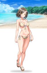 Rule 34 | 1girl, absurdres, beach, bikini, blue sky, bob cut, breasts, brown hair, cloud, day, front-tie bikini top, front-tie top, full body, highres, medium breasts, nasu chihiro, navel, ocean, orange eyes, original, outdoors, sandals, short hair, side-tie bikini bottom, sky, solo, soranokakera01, standing, striped bikini, striped clothes, swimsuit, yellow bikini
