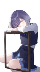 1girl absurdres blue_skirt closed_mouth commentary_request gakuen_idolmaster hataya_misuzu hatsuboshi_gakuen_school_uniform highres idolmaster long_sleeves looking_at_viewer mole mole_under_mouth pleated_skirt purple_eyes purple_hair school_uniform shirt simple_background sitting skirt smile solo sukaliya thighs white_background white_shirt