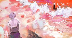 2boys abstract black_pants brown_hair brush_stroke faux_traditional_media from_behind grey_hair highres hj_hikari0606 ikari_shinji impressionism multiple_boys nagisa_kaworu neon_genesis_evangelion painterly pants rock shirt shoes short_hair sitting sitting_on_object water waves white_shirt white_shoes wide_shot