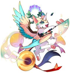 1other amdusias_(dragon_village) animal bird blue_wings conductor_baton dragon dragon_village_(series) dragon_village_collection feathered_wings flying furry game_cg green_eyes horns instrument musical_note neck_fur official_art single_horn third-party_source transparent_background trumpet wings yellow_wings