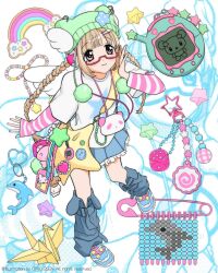 Rule 34 | 1girl, 2000s (style), bag, bead charm, beads, beanie, blonde hair, blue leg warmers, blue shoes, braid, buttons, charm (object), commentary, dice, dolphin, fashion, faux retro artstyle, green hat, handbag, hat, heisei, heisei retro, highres, jojifuku, leg warmers, long hair, looking at viewer, object request, oomulove, origami, original, panda, paper crane, paper star, rainbow, shoes, sneakers, star-shaped bag, star (symbol), stuffed toy, symbol-only commentary, tamagotchi, tamagotchi (classic), tamagotchi (virtual pet), tamagotchi connection, twin braids, very long hair, wings