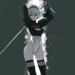 1girl 2b_(nier:automata) absurdres aki_(lostarea) arms_up black_hairband black_thighhighs blue_eyes breasts cleavage dated feather-trimmed_sleeves hairband highleg highleg_leotard highres holding holding_sword holding_weapon juliet_sleeves katana leotard lips long_sleeves medium_breasts mole mole_under_mouth nier:automata nier_(series) parted_lips puffy_sleeves short_hair simple_background solo sword tassel thighhighs weapon white_hair