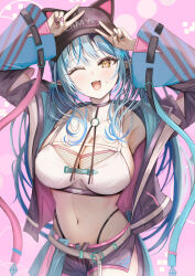 1girl absurdres animal_hat armpits arms_up belt black_shorts blush breasts cat_hat choker cleavage collarbone commentary_request crop_top double_v elf fang fishnet_top fishnets hat highres hololive jacket large_breasts long_sleeves looking_at_viewer low_twintails midriff mito_soosu nail_polish navel official_alternate_costume official_alternate_hairstyle one_eye_closed open_clothes open_fly open_jacket open_mouth panty_straps pointy_ears print_hat short_shorts shorts side_slit side_slit_shorts smile solo sweatdrop twintails v virtual_youtuber yellow_eyes yukihana_lamy yukihana_lamy_(cyber)