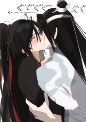 Rule 34 | 2boys, ahoge, black hair, black hanfu, blush, brown eyes, chinese clothes, hair ribbon, hanfu, headband, highres, holding another&#039;s arm, kiss, lan wangji, long hair, long sleeves, looking at another, male focus, manjuyawaraka, modao zushi, multiple boys, ponytail, red ribbon, ribbon, sidelocks, simple background, sweatdrop, third-party source, topknot, trembling, upper body, very long hair, wei wuxian, white background, white hanfu, white headband, xiao guan (headdress), yaoi