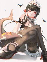 1girl absurdres apron black_hair black_pantyhose black_shirt breasts closed_mouth crossed_legs ellen_joe fins fish_tail frilled_apron frills hair_ornament high_heels highres large_breasts maid maid_apron maid_headdress matutake_777 pantyhose puffy_short_sleeves puffy_sleeves red_eyes red_hair shark_girl shark_tail shirt short_hair short_sleeves simple_background solo tail waist_apron white_apron white_background x_hair_ornament zenless_zone_zero