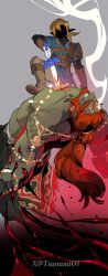 Rule 34 | 2boys, absurdres, beard, blood, boots, brown hair, colored skin, earrings, faceless, faceless male, facial hair, ganondorf, green skin, grey background, grin, highres, jewelry, link, long hair, male focus, multiple boys, multiple earrings, muscular, muscular male, nintendo, orange hair, pointy ears, sidelocks, simple background, smile, stab, sword, the legend of zelda, tsunamio7, turtleneck, twitter username, weapon