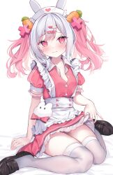 +_+ 1girl animal_ears apron arm_support bed_sheet black_footwear blush breasts buttons carrot_hair_ornament cleavage clothes_pull collarbone collared_shirt commentary eip_(pepai) fake_animal_ears food-themed_hair_ornament frilled_apron frilled_skirt frilled_sleeves frills frown full_body hair_between_eyes hair_intakes hair_ornament hat heart heart_hair_ornament highres multicolored_hair nurse nurse_cap original partially_unbuttoned pill_hair_ornament pink_eyes pink_hair pink_shirt pink_skirt puffy_short_sleeves puffy_sleeves rabbit_ears shirt shirt_tucked_in short_sleeves sitting skirt skirt_pull small_breasts thighhighs twintails wariza white_apron white_background white_hair white_thighhighs x