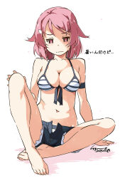 Rule 34 | 1girl, bare legs, bare shoulders, barefoot, bikini, breasts, denim, denim shorts, feet, hair ornament, hairclip, highres, lisbeth (sao), looking at viewer, navel, pink eyes, pink hair, shikei, short hair, short shorts, shorts, swimsuit, sword art online, water drop, white background