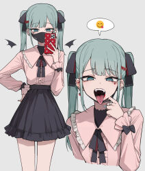 1girl :p aqua_eyes aqua_hair bandaid bandaid_on_neck black_mask black_nails black_skirt blood blood_on_face cellphone channel_(caststation) detached_wings duplicate ear_piercing earrings emoji fangs grey_background hair_ornament hair_ribbon hairclip hand_on_own_hip hatsune_miku heart heart_earrings highres holding holding_phone jewelry jirai_kei long_hair long_sleeves looking_at_viewer mask mask_pull multiple_views nail_polish open_mouth phone piercing pixel-perfect_duplicate pulling_own_clothes ribbon ring simple_background skirt smartphone spoken_emoji teeth tongue tongue_out tongue_piercing twintails vampire vampire_(vocaloid) vocaloid wings