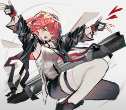 1girl absurdres arknights black_gloves black_jacket black_shorts detached_wings energy_wings exusiai_(arknights) exusiai_the_new_covenant_(arknights) fingerless_gloves gloves halo highres jacket looking_at_viewer medium_hair one_side_up open_mouth red_hair shirt short_shorts shorts signature sleeveless sleeveless_shirt solo thighhighs wawamachi white_shirt white_thighhighs wings