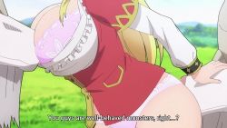 1girl animated anime_screenshot bestiality blonde_hair blue_eyes blush bra braid breasts cleavage cow cunnilingus cunnilingus_through_clothes enome face_in_ass face_to_breasts forced futoku_no_guild highres huge_breasts jacket large_breasts long_hair long_sleeves mature_female no_pants one_eye_closed open_clothes open_shirt oral orange_jacket panties pink_bra pink_panties shirt sidelocks sound subtitled tearing_up thighs underwear video white_shirt