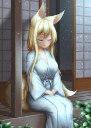 1girl :o animal_ear_fluff animal_ears blue_kimono blush breasts cleavage collarbone commentary_request eyebrows_hidden_by_hair closed_eyes fox_ears fox_girl fox_tail hands_on_lap highres himeka_chiyako japanese_clothes kimono long_sleeves medium_breasts minaha_(playjoe2005) open_door original outdoors own_hands_together parted_lips sitting sliding_doors solo tail veranda wide_sleeves