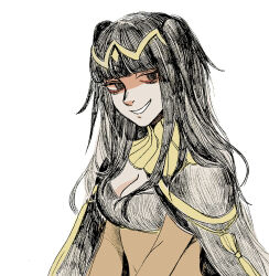 1girl black_capelet black_eyes black_hair bodystocking breasts capelet circlet cleavage commentary english_commentary fire_emblem fire_emblem_awakening highres kuropin long_hair looking_at_viewer medium_breasts navel nintendo simple_background smile smug solo tharja_(fire_emblem) upper_body white_background