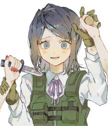 Rule 34 | 2girls, black hair, blue eyes, blush, bow, brown gloves, bulletproof vest, collared shirt, commentary, danganronpa: trigger happy havoc, danganronpa (series), enoshima junko, eyelashes, freckles, gloves, highres, holding, holding knife, ikusaba mukuro, knife, long sleeves, looking at viewer, manmoodouhu, multiple girls, nail polish, open mouth, red nails, ribbon, shirt, short hair, siblings, smile, solo focus, upper body, white background, wide-eyed