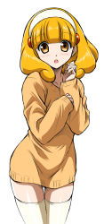 10s 1girl :o blonde_hair blush female_focus hairband kise_yayoi looking_at_viewer naked_sweater open_mouth precure short_hair simple_background smile_precure! solo sweater thighhighs wauwa white_background white_hairband yellow_eyes yellow_thighhighs