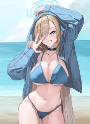 1girl :d absurdres arm_up asuna_(blue_archive) beach bikini black_choker blue_archive blue_bikini blue_eyes blue_halo blue_jacket blue_nails blue_ribbon blue_sky breasts brown_hair choker cleavage cloud collarbone commentary cowboy_shot day eyes_visible_through_hair fingernails grin groin hair_over_one_eye hair_ribbon hal_(sin_diver) halo halterneck hand_up highres hood hood_up hooded_jacket horizon jacket large_breasts long_hair long_sleeves looking_at_viewer nail_polish navel ocean open_clothes open_jacket open_mouth outdoors ribbon ribs side-tie_bikini_bottom sky sleeves_past_wrists smile solo standing stomach string_bikini swimsuit underboob very_long_hair w w_over_eye