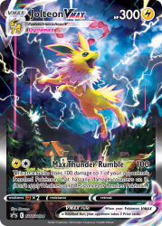 animal animal_focus artist_name card_(medium) character_name cloud cloudy_sky company_name copyright_name copyright_notice dynamax electricity english_text full_body gen_1_pokemon grass hasunokaeru house jolteon lightning midair mountain nintendo no_humans official_art open_mouth outdoors oversized_animal pillar_of_light pokemon pokemon_(creature) pokemon_card pokemon_focus pokemon_tcg red_clouds sky smile solo third-party_source trading_card tree