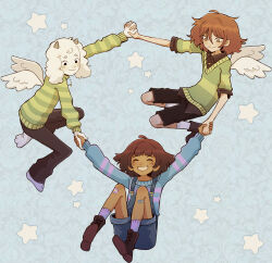 1boy 2others ^_^ absurdres angel_wings animal_ears asriel_dreemurr bandaid bandaid_on_leg black_eyes black_pants black_shorts blue_shorts blue_sweater brown_eyes brown_hair chara_(undertale) closed_eyes commentary english_commentary frisk_(undertale) full_body furry furry_male goat_boy goat_ears goat_horns green_sweater hair_between_eyes heart_pendant highres holding_hands horns medium_hair multiple_others pants shorts smile star_(symbol) striped_clothes striped_sweater sweater szivarvanyturmix02 undertale wings