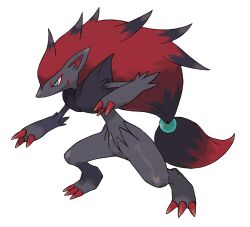 absurdres aqua_eyes artist_request black_fur claws closed_mouth full_body gen_5_pokemon hair_ornament highres long_hair nintendo official_art pokemon pokemon_(creature) pokemon_bw pokemon_focus ponytail red_hair smile solo standing third-party_source transparent_background v-shaped_eyes zoroark