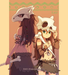 2girls arm_warmers back bandeau beads bone brown_hair cubone dav-19 evolutionary_line fangs gen_1_pokemon green_eyes jewelry looking_at_viewer looking_to_the_side marowak mask midriff multiple_girls navel necklace nintendo personification pokemon red_eyes seashell shell skirt skull skull_mask skull_on_head tooth_necklace tribal wristband