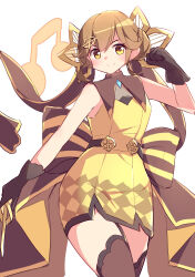 Rule 34 | 1girl, absurdres, bare shoulders, beamed eighth notes, black gloves, blush, braid, braided bun, breasts, brown hair, brown thighhighs, closed mouth, commentary request, double bun, dress, duel monster, earrings, garter straps, gloves, hair between eyes, hair bun, hair ornament, highres, holding, holding instrument, instrument, jewelry, kanzakietc, long hair, looking at viewer, medium breasts, multiple girls, musical note, oversized clothes, resolfachord dreamia, sidelocks, smile, solo, standing, thighhighs, thighs, yellow dress, yellow eyes, yu-gi-oh!